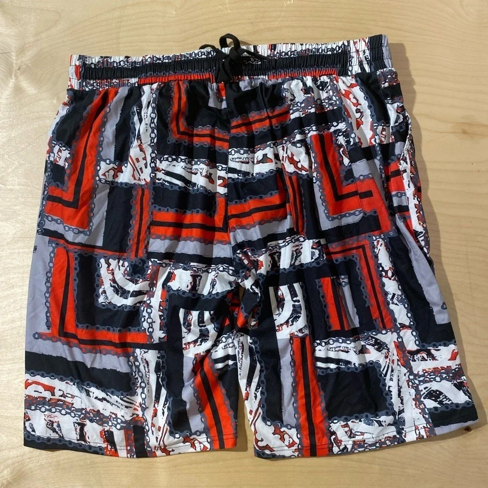 Stacy Adams Red, Black, and White Geometric Swim Shorts XXL (PE)